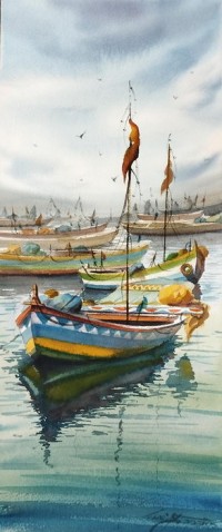 Shaima Umer, 08 x 21 Inch, Water Color on Paper, Seascape Painting, AC-SHA-061